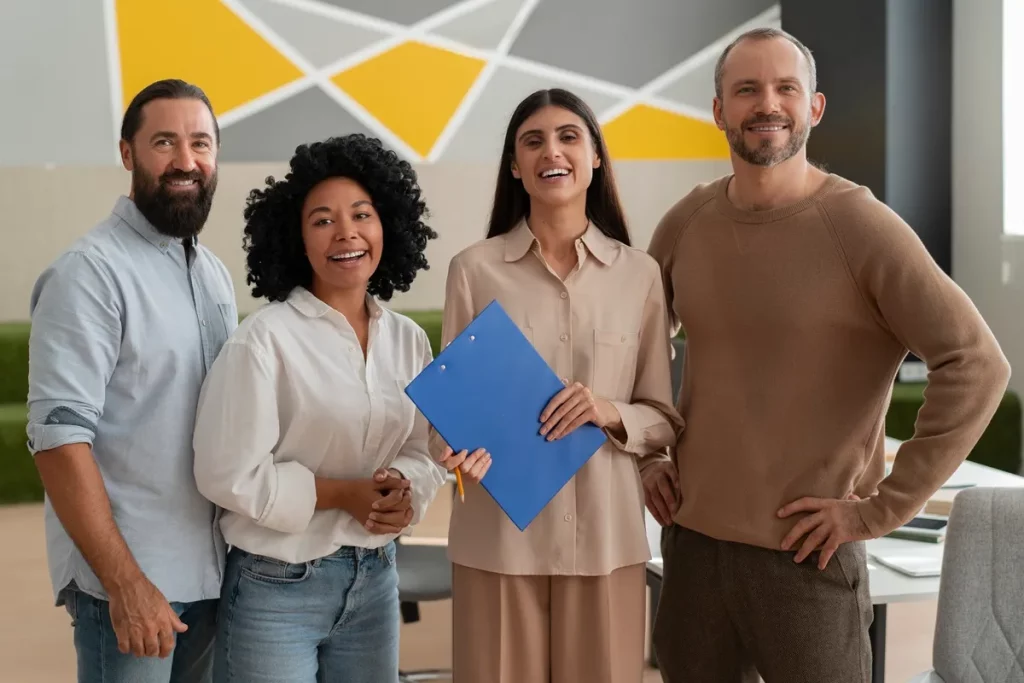 Grupo de quatro profissionais sorrindo, posando juntos em um ambiente corporativo com decoração moderna e cores vibrantes ao fundo.